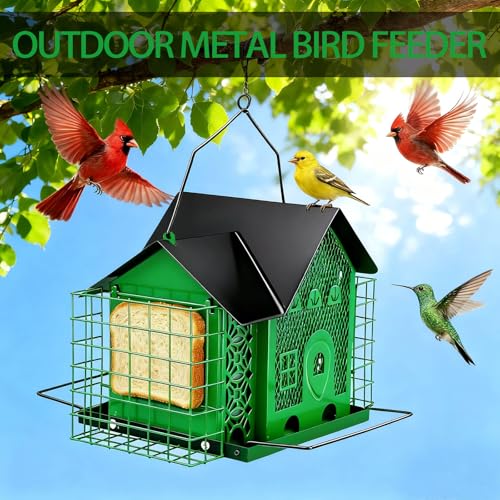 Outdoor Hanging Bird Feeder Large Capacity Durable and Sturdy Decorative Metal Bird Feeder Green and Black Two-Tone Waterproof Design with Sloped Tray Easy-Fill Wild Bird House (Green)