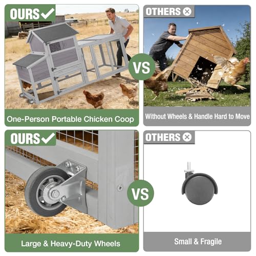Mobile Chicken Coop with Wheels for 4-6 Chickens, Large Wooden Hen House Duck Cage with Run, Nesting Box, Easy Clean Pull-Out Tray, Waterproof Asphalt Roof - Grey, 78" L x 27.6" W x 45" H - size: 78.0"L x 27.6"W x 45.0"H
