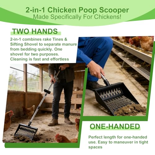 Chicken Poop Scooper, 2-in-1 Coop Scoop & Chicken Poop Rake, 12" Wide Sifting Shovel with 25-66" Adjustable Stainless Steel Handle, Heavy Duty Metal Pooper Scooper for Backyard Chicken Coop