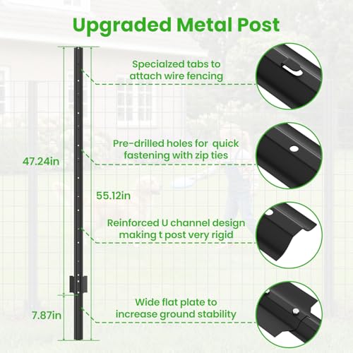 Welded Wire Garden Fence, 45.3Inch x 50FT Steel Poultry Fencing | Rust-Resistant Galvanized Animal Barrier Fence with Upgraded Metal Posts for Vegetable Garden, Flower Bed, Lawn, Backyards - color: Black, size: 45.3Inch x 50FT