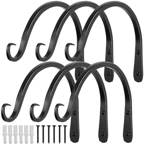 Worth Garden 6-Pack 10" Plant Hanger Bracket - Hand-Forged Wrought Iron Powder-Coated Heavy Duty Wall Hooks - Black Curved Plant Hanging Hooks for Bird Feeders, Flower Baskets, Indoor & Outdoor Use - size: 10" Length