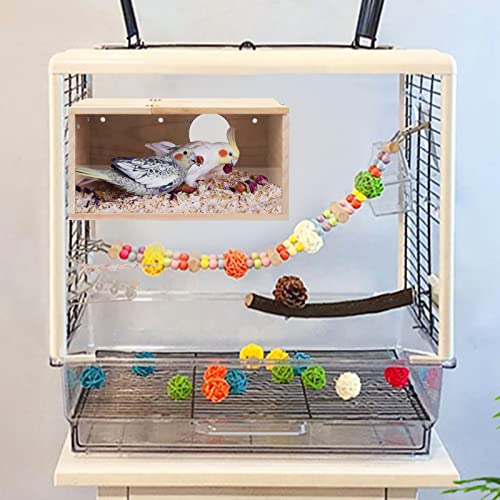 Rypet Parakeet Nesting Box, Cockatiel Bird Nest Box with Perch(M) | Wood Bird Cage House, Transparent Thwartwise Design, Warm & Durable for Cockatiel Lovebirds Budgie Finch Parrotlets Canary - size: Medium
