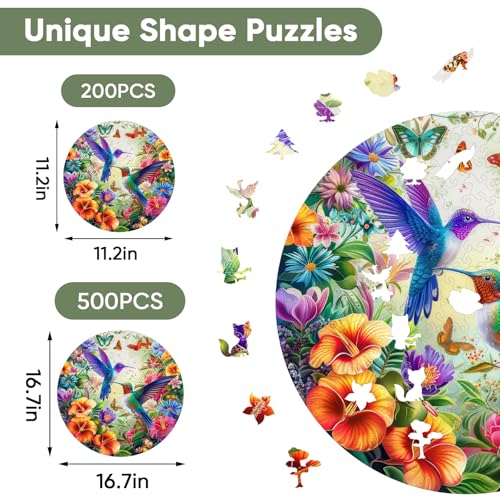 Ruikiyart Hummingbird Puzzle, 5MM 200 Pieces Birds Wood Jigsaw Puzzles, Wall Decor, Unique Shaped Round Brain Teaser Puzzles Birthday Gifts (11.2"*11.2") - color: Colorful Hummingbirds, size: 200 Pieces