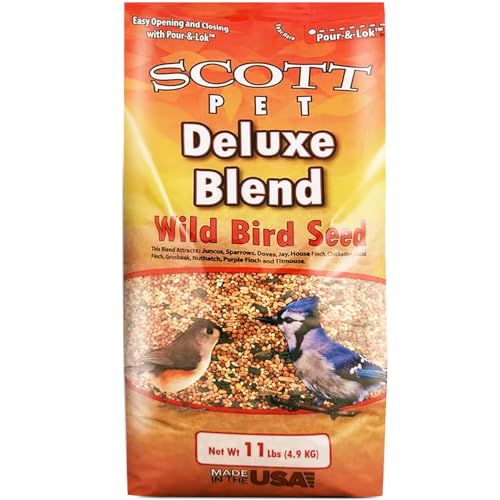 Scott Pet Wild Bird Seed, Deluxe Blend, 11lb, High Protein & Fiber | No dust. Attracts Juncos, Jays, Finches, Grosbeaks, Nuthatches & Titmice. All feeders.