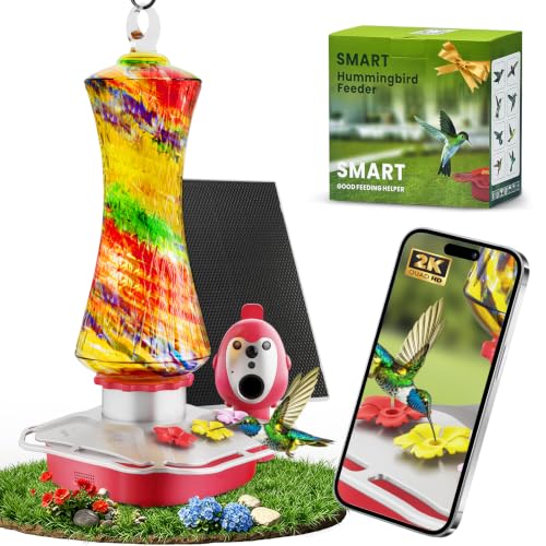 Hummingbird Feeder with Camera, 2K Smart Bird Feeder with AI Bird Detection & App Alerts, Solar Powered Bird Feeder Camera with Water Level Monitor, Hand-Blown Glass Hummingbird Feeder for Outdoors