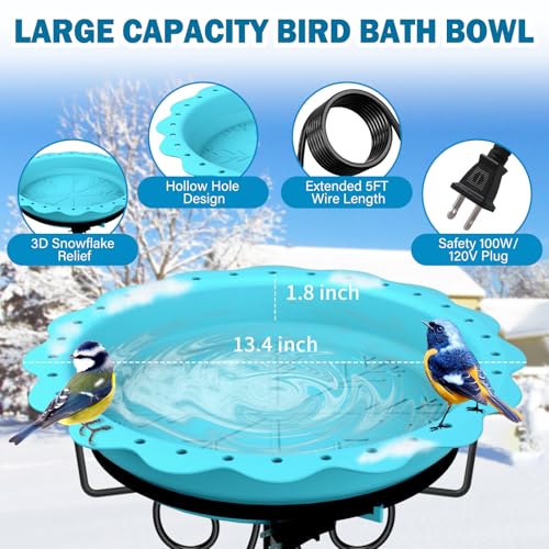 Heated Bird Bath for Outside Winter, Powerful 100W Thermostat Control Heated Bird Baths for Outdoors with 5-Prong Metal Stake, Heated Birdbath Water Heater for Garden Yard Patio Lawn (Blue) - color: Blue