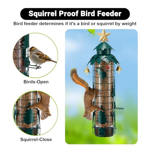Squirrel Proof Bird Feeders for Outdoors Anti Squirrel Buster Hanging Metal Mesh Wild Bird Seed Feeder with Weight-Activated Perches, 4 Feeding Ports, 2.5LB Capacity, Green | Anti Squirrels Buster Hanging Wild Bird Seed Feeder, Weight-Activated, Chew Resi