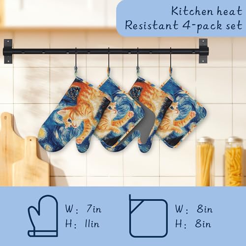 Kitchen Mitts Set,Cute Cat Oven Mitts and Pot Holders Sets,Thick Cotton Heat Resistant Blue Starry Sky Hot Pan Holder Extra Long Cooking Mitts for Cooking Baking Grilling BBQ Bakeries - color: Cute Cat