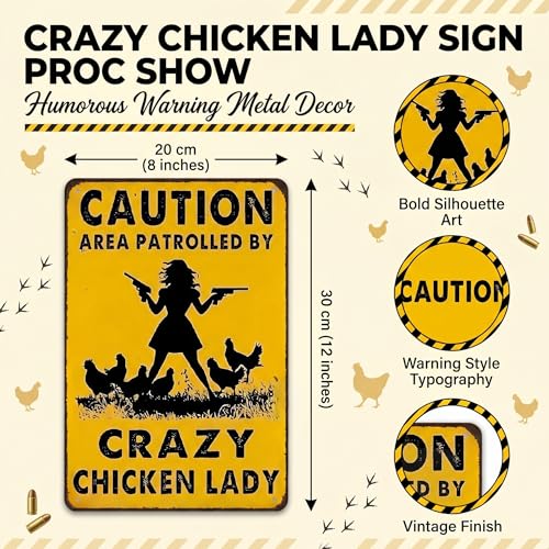 Smilelife Funny Chicken Gifts Caution Area Patrolled By A Crazy Chicken Lady Tin Sign for Home Farm Chicken Coop Farmhouse Kicthen Garden Decor 8 X 12 Inch (3620) - color: Yellow
