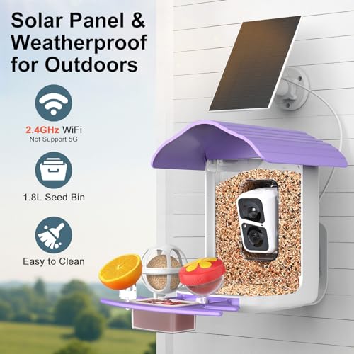 birdsnap® PAV Bird Feeder with Camera Solar Powered 2K Live Video 64GB Card | AI Bird Species Identification, Instant Arrival Alerts, IP65 Waterproof, Wild Bird Feeders for Outdoors, Gift for Bird Lovers - color: Purple