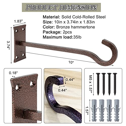 10inch Metal Plant Hangers, Bronze hammertone, Heavy Duty, 2pcs | Rust-proof | Max 35lb Load | Shepherd Hooks | Hanging Bird Feeder, Lantern, Flower Basket, Outdoor Indoor, Screws & Anchors - color: Bronze hammertone, size: 10in Steel Heavy Duty