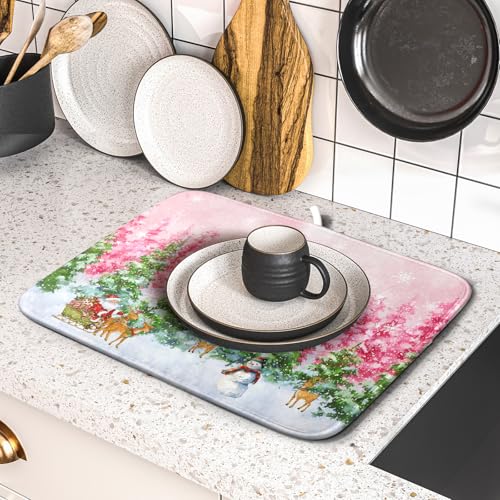 Santa Claus Dish Drying Mats for Kitchen Counter Watercolor Forest Decoration Coffee Mat for Table Decor - color: Winter Forest Colorful, size: 18" x 16"