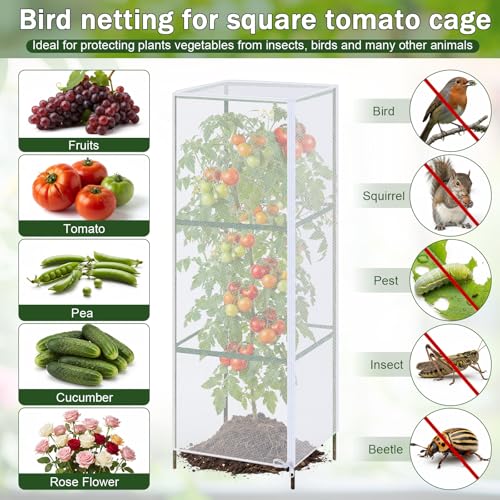 6 Pack Tomato Cage Covers, 18" x 60" Fine Mesh Plant Covers with Zipper & Drawstring, Reusable Garden Netting Protector Against Birds, Insects & Animals for Tomatoes, Peppers, Cucumbers
