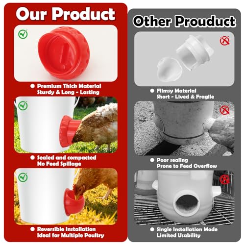 Chicken Feeder No Waste 8 Ports DIY Automatic Poultry Feeder with 8 Covers and 1 Hole Saw,Rainproof Rat-Proof Gravity Chicken Feeder Kit for Buckets,Bins,Barrels,Troughs - color: Red