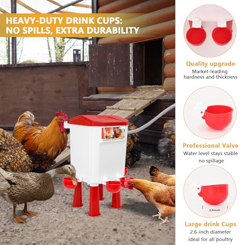 Lilyang Automatic Chicken Waterer, Auto Water Refills | Float-Controlled Poultry Watering System, Connects Directly to 3/4" Faucet & Hose (No Fitting Required), Standing/Hanging Use - color: Red