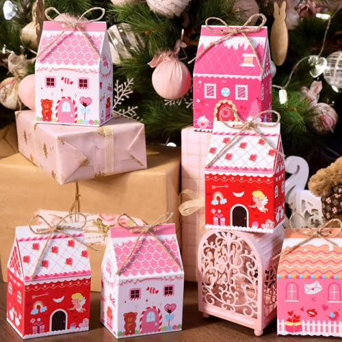 Zhanmai 48 Pcs Valentine's Day Treat Boxes Candy Mini Red Pink Heart House Favor Box Valentine's Day Party Paperboard Gift Boxes for Holiday Party Treat Cookie Goodie Snack Gift Packaging - style: Valentine Day