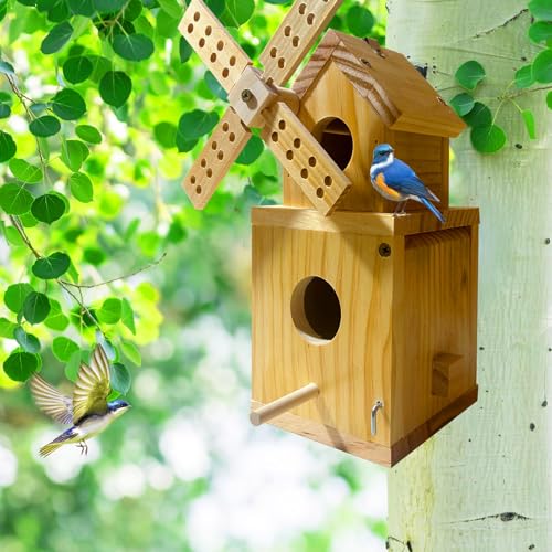 Wood Bird House, Hanging Windmill Bird Houses for Outside, Cedar Birdhouse Outdoors for Robin Budgie Swallow Little Sparrow Finch Throstle, Bluebird Houses for Outside, Assembly Required