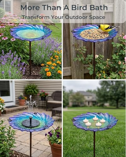Blue Glass Bird Bath, 10.5" Shallow Birdbath with 3-Prong Stake | Decorative Birdbath Bowl & Wild Bird Feeder for Garden, Patio, Backyard Decor