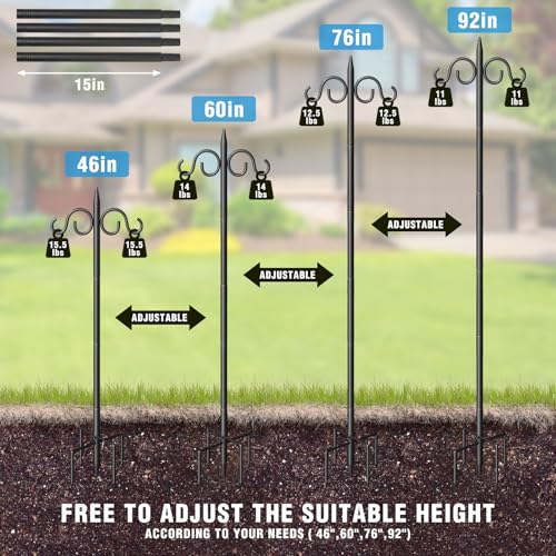 Double Shepherds Hooks for Outdoor, 92 Inch Heavy Duty Bird Feeder Pole with 5 Prongs Base, Adjustable Shepherds Hook for Bird Feeder, Garden, Weddings, Hanging Plant, 1 Pack - size: 92 Inch