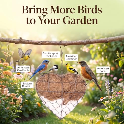 Bird Nesting Material Holder, Heart Shaped Hanging Bird Nesting Material for Wild Birds with Natural Cotton & Coconut Fiber, Cottagecore Garden Decor - style: BigHeart Style