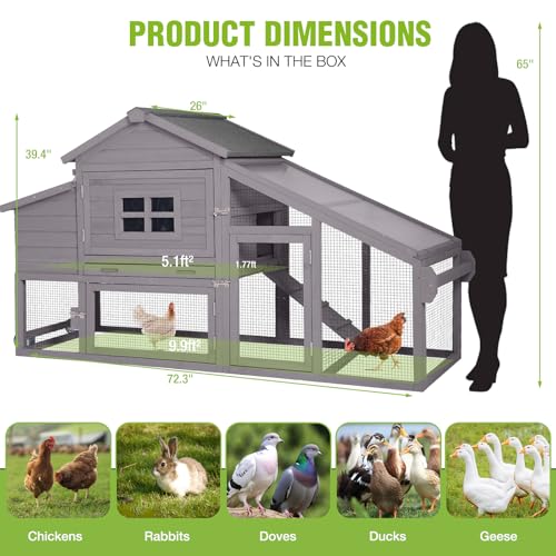 GUTINNEEN Large Chicken Coop on Wheels, Expandable Outdoor Mobile Chicken House, Hen House Poultry Cage with Nesting Box, Leakproof Pull-Out Tray & UV-Resistant Roof – Grey - color: (Grey)