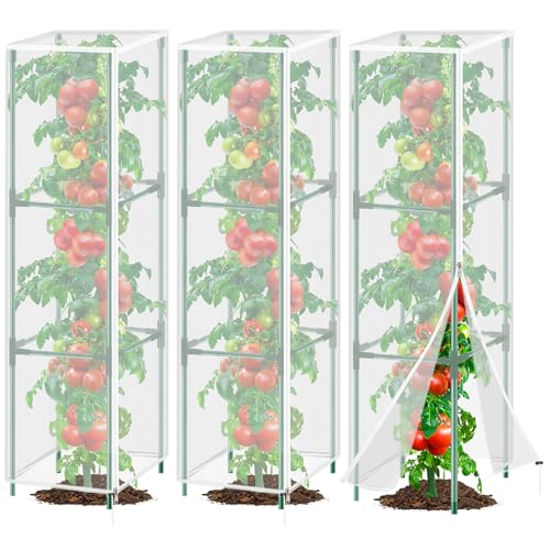 3 Pack Garden Bird Netting Plant Cover for Square Tomato Cage,14.6"x14.6"x51.2" Insect Bird Barrier Tomato Cage Net with Zipper Drawstring,Tomato Trellis Netting Protection Cover for Protecting Plants - color: Square White