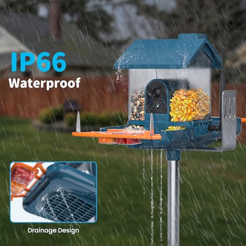 Smart Solar Bird Feeder with Camera & Outdoor Bird Bath | 2K HD Dual-Lens, AI Bird Identification, Instant Mobile Alerts, IP66 Weatherproof, Ideal for Outdoor Bird Watching - color: BLUE