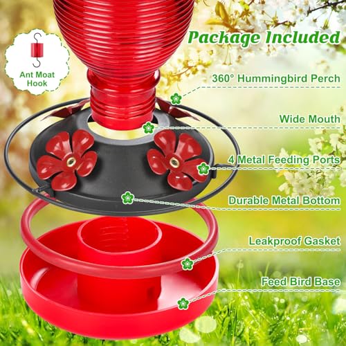 Glass Hummingbird Feeder for Outdoors Hanging, 20 OZ Humming Birds Feeders with 4 Bee Guard Feeding Ports & Built-in Ant Moat, Bird Feeder for Outside, Red,2 Pack