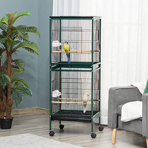 PawHut Large Bird Cage 1.7 ft. Width for Wingspan 55", Green | Bird Aviary Indoor, Multi-Door Design, Fit for a Canary, Finch, Conure - color: Green