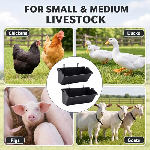 10 Pack Chicken Feeder,5 Quart Hanging Goat Waterer,Black | Two Mounting Options, Metal Clips and Screws,Solid base without holes,Livestock Feed Buckets for Sheep Duck Coop, Farm, Geese - color: Black