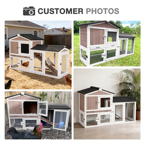 Chicken Coop with Run for 2 Chickens, Outdoor Wooden Hen House with Leakproof Pull-Out Tray, Weatherproof Roof, 6 Access Doors-Brown
