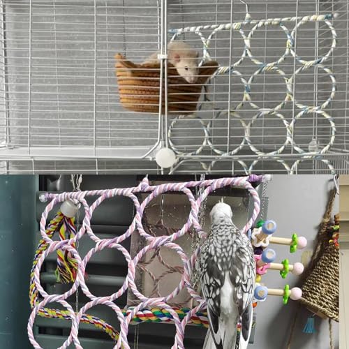 Bird Swing Climbing Rope Net Toys 14 x 24 Parakeet Hemp Rope Perch Swing Ladder Bridge Hanging Hammock Small Animal Activity Toy for Parrot Lovebirds Hamster Mice Rat Ferret (Random Color)(1 Pcs) - size: 1Pcs