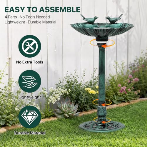 Athena Collection 31.5" Solar Powered Pedestal Bird Bath Fountain, Green | Detachable Solar Fountain Broad, 6 Spray Patterns, 5L Water Large Capacity，3 Ground Nails Included for Garden Yard Lawn - color: Green