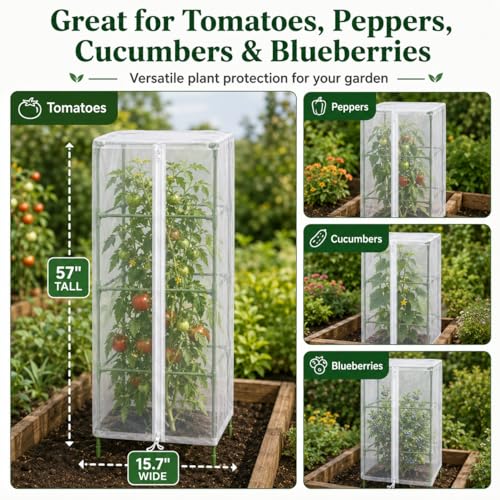 Halatool Garden Tomato Plant Cover Netting, Fits 50–63" Square Tomato Cages | Garden Bird Netting with Zipper & Drawstring, Insect Barrier, Plant Covers from Insects Animals, 4 Pack, 57"×15.7" - color: 4 Pack, size: 57 inch