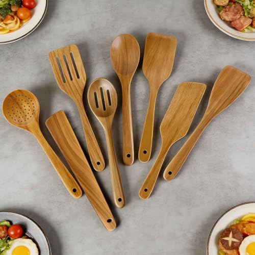 Acacia Wood Kitchen Utensil Set Wooden Spoons for Cooking Turner Spatula | 8 Pcs Best Bamboo Non Toxic Cooking Utensils Scraper Spurtle Kitchen Slotted Cooking Spoon Flat Egg Flipper Wok Spatula Set - color: 8Pcs-Utensils