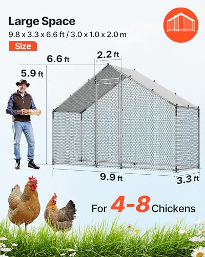 VEVOR Large Metal Chicken Coop,9.8 x 3.3 x 6.6 ft, Walk-in Chicken Run House with Waterproof Cover & Sturdy Frame, Spire Roof Poultry Cage Duck Pen for Rabbit Hen Goose Outdoor Backyard Farm Use - size: 118.1"L x 39.4"W x 78.7"H