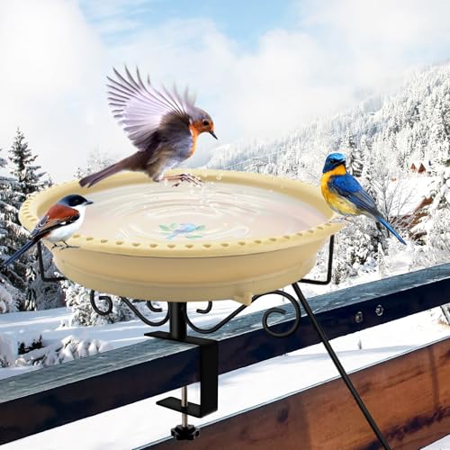 Lovppy Heated Bird Baths for Outdoors for Winter, 100W Heated Birdbath Water Heater with Thermostatically Controlled, Heated Bird Bath for Deck Railing Outside Garden Patio Yard (Khaki) - color: Khaki