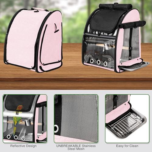 Bird Carrier Bag with Indestructible Stainless Steel Mesh, Bird Travel Cage with Stand, Easy to Clean Backpack for Parrot, Portable Bird Travel Bag, Pink - color: Pink