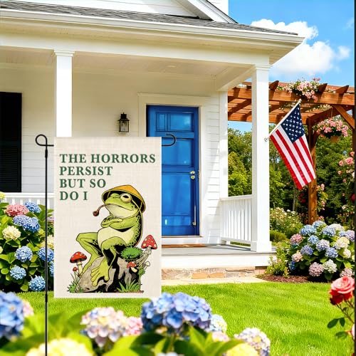 RZHV The Horrors Persist But So Do I Double-Sided Garden Flag for Outdoor House Yard Sign Garden Decor Parade, Funny Frog Social Justice Yard Sign, Motivational House Patio Outdoor Banner - color: Horrors