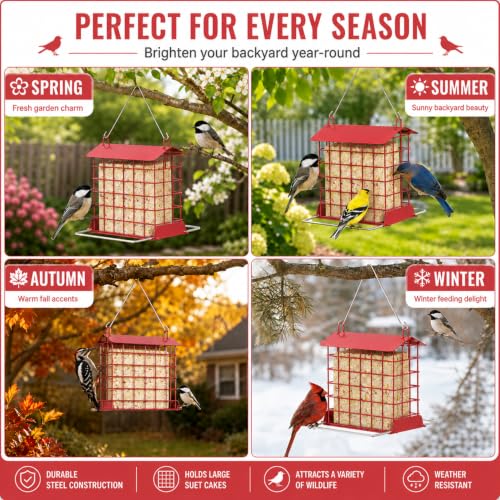 HOSUN Metal Suet Bird Feeder, Hanging Outdoor Wild Bird Cage, Red | All Metal Suet Cage, Weather-Resistant Roof, Easy Refill Top, Bottom Perch, Ventilated Base, Year Round Bird Feeding