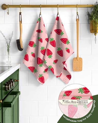 150GSM Flour Sack Kitchen Towels Set of 2, Line Strawberry | 18"x26", Lightweight, Lint-Free, Pure Cotton, Decorative, with Hanging Loop, Absorbent, Softer after Wash, Giftable Package - color: Line Strawberry