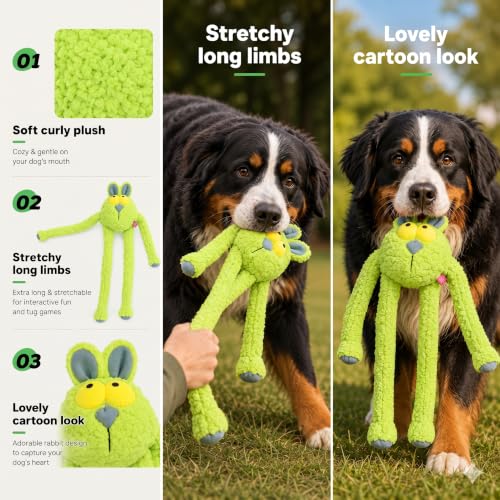 Squeaky Dog Plush Chew Toy, Interactive Tug Squeaky Toy for Chewers, Medium & Large Dogs, 31.5 Inch Stuffed Swinging Rabbit Toy with Stretchable Limbs for Gum Care & Boredom Relief, Neon-Green - color: Neon Green (Swinging Rabbit)