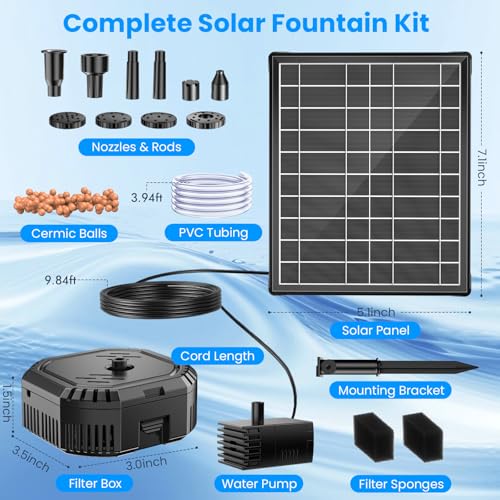 Antfraer 7W Solar Fountain Pump with 3600mAh Battery Backup & Pond Filter, Solar Water Fountain Pump with 8 Nozzles & PVC Tubing, Solar Fountain for Bird Bath, Small Ponds, Waterfall, Hydroponics - style: 7W （Built-in Battery）