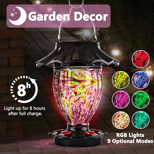 LUJII Solar Powered Hummingbird Feeder for Outside Hanging, Trophy Shaped Hand Blown Glass, Weatherproof, Lighted Lantern for Garden Decor, 32 fl.oz, Never Leak, Unique Gift for Bird Lover(Purple) - color: Purple