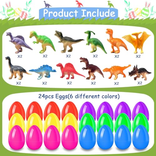 24Pcs Easter Eggs with Dinosaurs Inside, Easter Basket Stuffers Easter Party Favors for Kids, Filled Easter Eggs for Easter Hunt, Classroom Prize Supplies