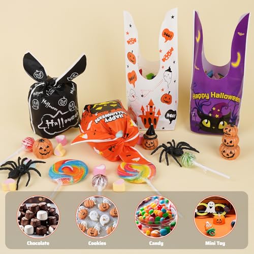 Fruasio 100PCS Halloween Treat Bags with Bunny Ear Ties, Black Cat Designs - color: Purple