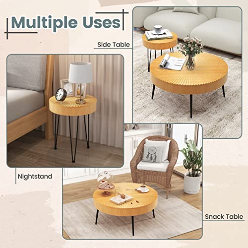 COSTWAY Farmhouse Round Coffee Table Set of 2, Rustic Sofa Side Tea Tables w/Wood Finish, Metal Frame, Adjustable Foot Pads, Nesting End Table Set for Living Room, Bedroom (Radial Pattern, Natural) - color: Natural, style: Radial Pattern