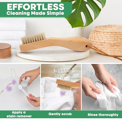 Laundry Brush Stain Remover Scrubber with Soft White Boar Bristles for Delicate Baby Clothes, Compact Design, Pre-Treat Clothing, Shoes and Fabrics - size: 1 Pack - White