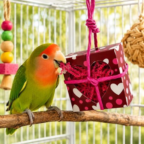 Bonka Bird Toys 2764 Valentine Heart Box Forager 8" x 5" Shreddable Paper and Rope Valentine Treat Toy for Small and Medium Birds Mental Enrichment and Cage Activity Conure Cockatiels and Similar