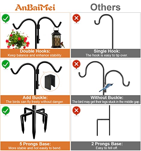 92 Inch Double Shepherds Hook for Outdoor with 5 Prong Base | Adjustable Heavy Duty Bird Feeder Pole for Hanging Flower Basket, Plant Hanger, Solar Light Lanterns, Black - size: 92in-1pcs